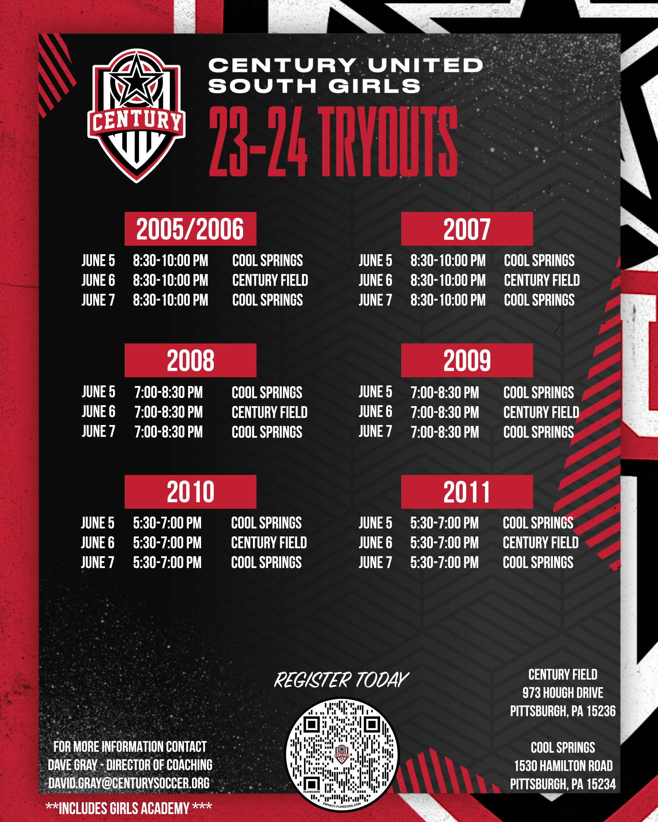 Century United  South Girls Tryout Schedule